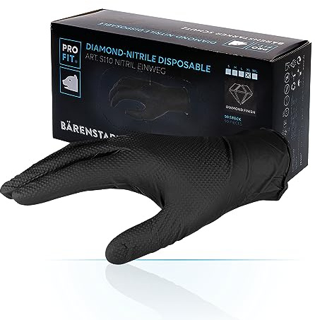 PRO FIT Nitril-Einweghandschuh 50er Pack – Premium Montagehandschuhe, Chemikalienschutzhandschuhe, Diamant-Muster, Latexfrei & ungepudert - 24cm, Schwarz, Gr. M