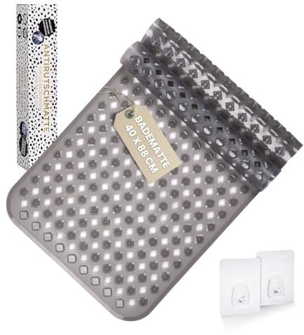 Rutschmatte Badewanne in Grau I 88x40cm I Hochwertige Antirutschmatte für Badewanne I Antibakterielle Badewannenmatte mit Saugnäpfen & Ablauflöchern I Anti Schimmel Badewannen Matte