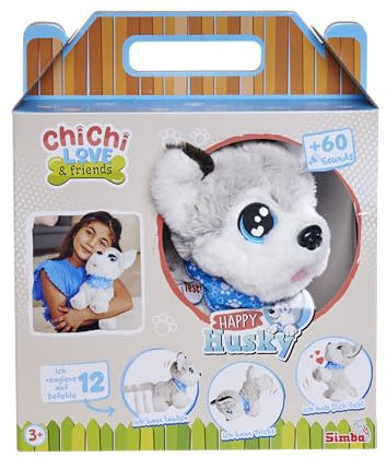 Simba 105890050 - Chichi Love Happy Husky (30 cm) - interaktiver Spielzeug-Hund für Kinder ab 3 Jahre, süßes Kuscheltier mit Deutscher Sprachsteuerung (12 Funktionen) & Sound inkl. Batterien