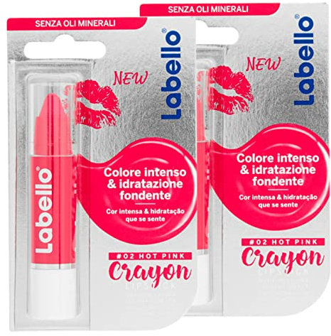 Labello Crayon Lipstick Farbe Hot Pink Bleistift Lippenbalsam mit angereicherter Formel mit natürlichen Ölen, feuchtigkeitsspendend, nährend, Fuchsia glänzend - 2 Sticks
