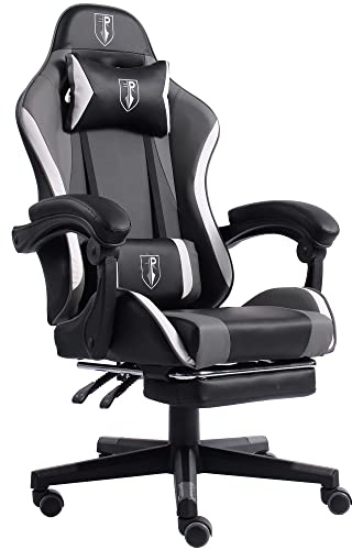 Gaming im Racing-Design mit flexiblen gepolsterten Armlehnen ergonomischer PC Gaming Stuhl in Lederoptik Schreibtischstuhl mit ausziehbarer Fußstütze und extra Stützkissen, Farbe:Schwarz/Grau-Weiß