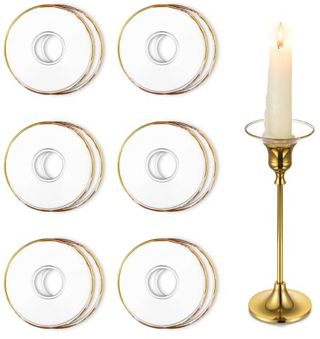 Hewory Gläser Kerzen Tropfenfänger für Stabkerzen 12er - Kerzenhalter Glas Tropfschutz für Spitz Tropfenfänger für Kerzen Glas Dekorative Kerzen Kommunion für Hochzeit Wohnzimmer, Gold Runde Felge