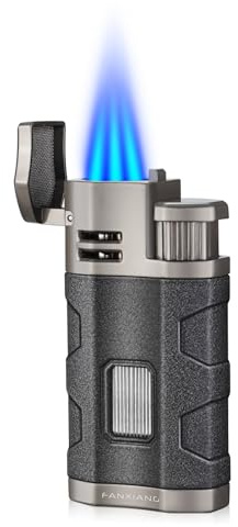 3 Jet Flame Cigar Lighter with Cigar Stand Windproof Lighter Butane Refillable Torch Lighter with Cigar Punch Black (Without Gas)