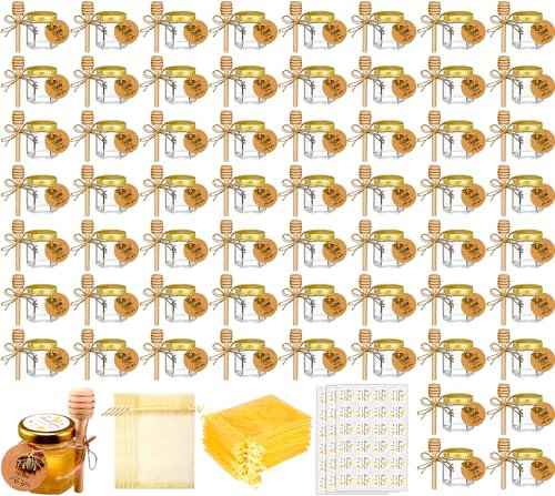 Ahhute 60-Pack Mini Honiggläser mit Dipper Honigtopf mit Golddeckel, Bienen Anhänger, Jutes, Geschenktüten und Aufkleber für Baby Dusche für Hochzeit