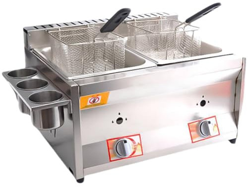 Deep Fat Fryer Commercial, Countertop LPG Gas Deep Fat Fryer Dual Tanks with 10Lx2 Basket and Lid, Precise Temperature Control Ideal for Restaurant/Home, Large Capacity for Fries, Fish, and More!