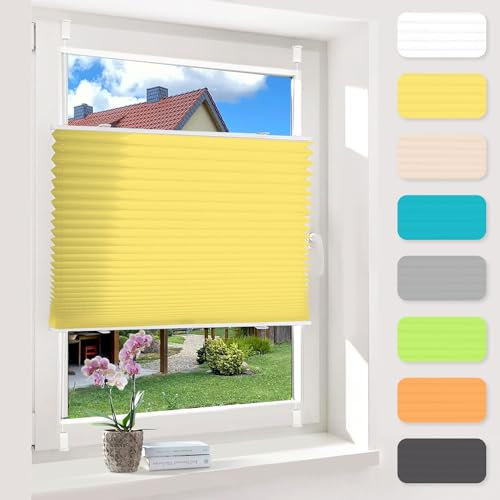 OUBO Plissee ohne Bohren Gelb 35x120cm Plissee Klemmfix Version Plisseerollo Sichtschutz und Sonnenschutz Blickdicht Easyfix lichtdurchlässig Rollo für Fenster & Tür Einfache Montage