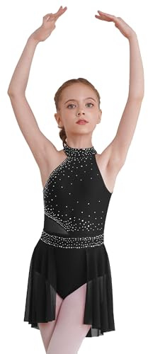 TTAO Enfant Fille Justaucorps Gymnastique Classique Tutu Tulle Robe Ballet Danse Asymétrique Robe de Patinage Artistique Léotard Ballet Latine Jazz Tango Dancewear Noir E 9-10 Ans