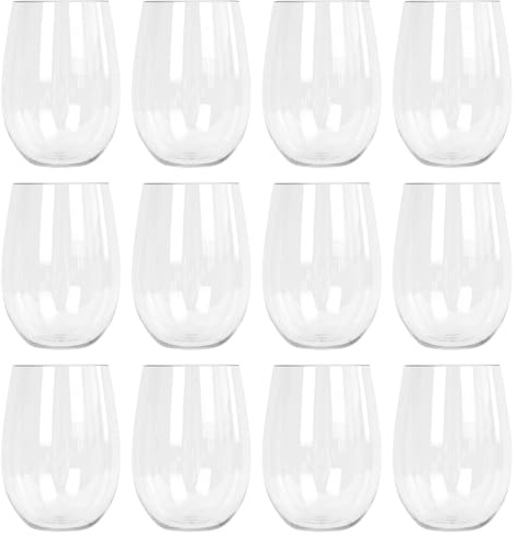Argon Tableware Reusable Plastic Glasses - 480ml - Pack of 12 - Stemless Wine Glasses - Clear Cocktail Champagne Tumbler Drinking Cups for Garden, Parties, Weddings, BBQ and Picnic