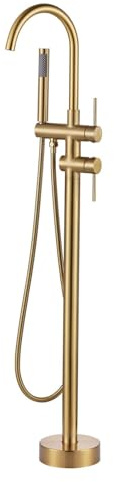 Freestanding Tub Filler Faucet, Floor Mount Brushed Gold Bathtub Faucet with Single Handheld Shower, Brass Shower Tub Faucet Set Complete, Bathtub Faucet with Shower