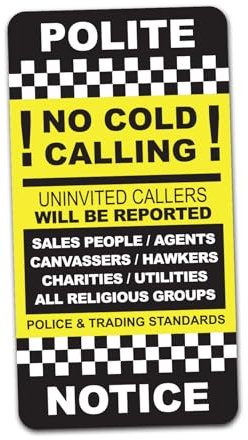 SAFESIGN No Cold Calling Vinyl Sticker for Front Door Vinyl Sign Stickers 9.5 X 5cm - Waterproof Vinyl Conforms to EN ISO 7010:2012 Post Box Junk Mail (1)