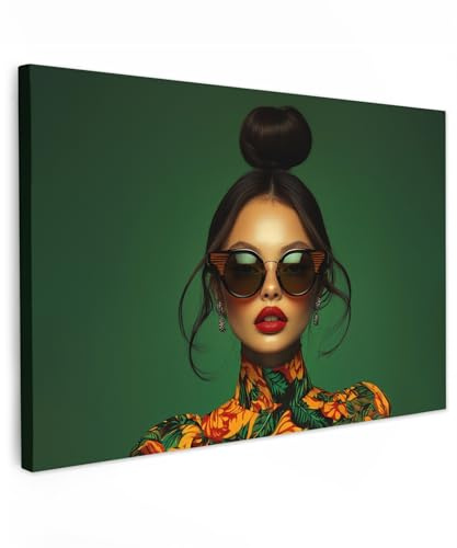 MuchoWow© Wandbilder Groß XXL Schlafzimmer Home Deko Wohnung Bild | 120x80 cm - Wohnzimmer Fotoleinwand Wand Bilder Leinwand Wall Decor Frau - Grün - Modern - Brille - Abstrakt