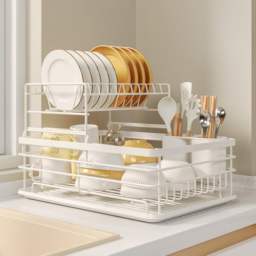 Warmiehomy White Dish Drainer Rack 2 Tier Metal Draining Board Rack Dish Rack with Removable Drip Tray, Sink Drainer Rack for Kitchen with Removable Cutlery Holder, White