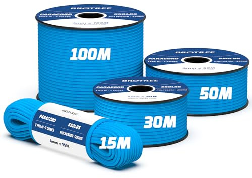 Brotree 550 Paracorde 4mm 15m Corde 100% Polyester Type III 7 Brins pour Bracelet, Artisanat, Extrieur, Survie - Bleu