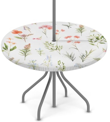 Woltant Tovaglia rotonda con foro per ombrellone e cerniera, facile da pulire, con bordi elastici, protezione per tavolo da esterno, per giardino, patio, barbecue (piante Boho)
