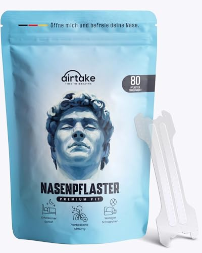 Airtake - 80 Premium Nasenpflaster – neue Spezial-Technologie & extra starker Kleber – Nasal Strips/Nasenspreizer freie Atmung & besseren Schlaf Anti Schnarch Nose Strips (Transparent 80 Stück)