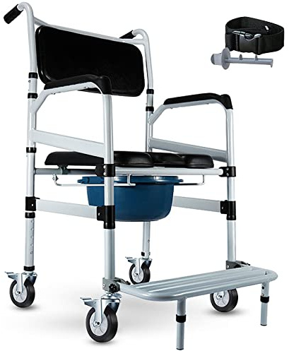 PLMNBQWE Sedia a rotelle per Doccia - Sedia Comoda con Ruote e Cuscino in Pelle PU Nera, Secchio e Ruote Staccabili, Sedia da Toilette per Trasporto Pesante
