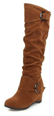 Botas Mujer de Tacón Cuña por la Rodilla de Piel Ante Estilo Montar con Lateral Elástico - Elegancia y Comodidad Slip-On,Marrón,40 EU