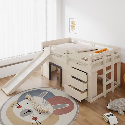 Sapgaks Lit Mezzanine Enfant Bas 140 x 200 avec Toboggan,Lit superposé Enfant avec Trois tiroirs et Deux Portes,lit Enfant avec Barriere, Couleur crème
