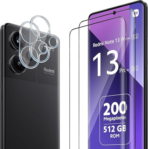 ELYCO Cristal Templado para Xiaomi Redmi Note 13 Pro Plus/13 Pro+ 5G, 2 Piezas Protector de Pantalla + 2 Piezas Protector de Lente Cámara, 9H Dureza Anti-Rasguños, Sin Burbujas HD Vidrio Templado