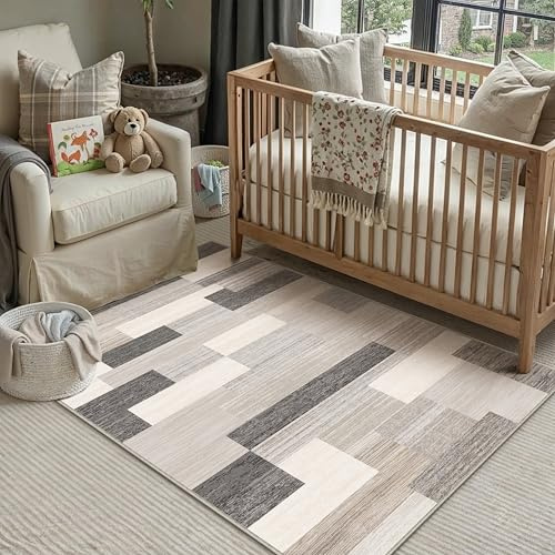 PureCozy Tappeto Salotto 120x170cm Beige Moderno Tappeti Lavabile in Lavatrice Antiscivolo Grande Carpet Cameretta Scendiletto Camera da Letto Ufficio Pelo Corto Morbido Rug Geometrico Carpets