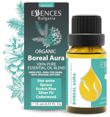 Mezcla de aceites esenciales orgánicos Essences Bulgaria Boreal Aura 15 ml | Abeto plateado, pino silvestre, pícea, anís estrellado, cedro | Aromaterapia, sauna y spa | 100 % puro y natural | Sin diluir