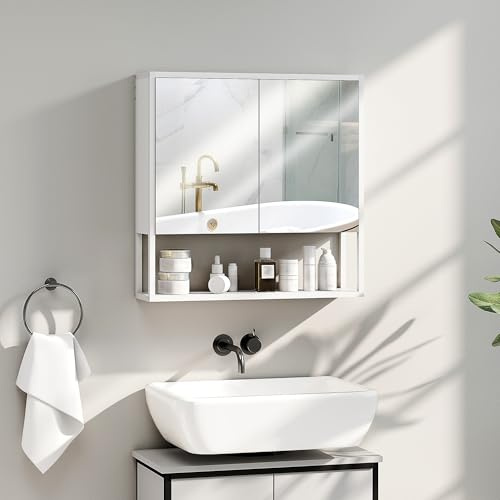 HOMCOM Armoire Murale Salle de Bain avec Miroir, 60 x 16 x 60 cm, Meuble Salle de Bain, Armoire de Toilette avec 2 Portes Miroir, étagère réglable et étagère Ouverte, Blanc