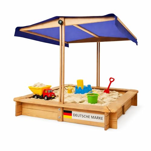 Bestlivings Arenero con techo regulable en altura 98 x 98 x 17 cm de madera, resistente a los rayos UV y al agua, techo retráctil como cubierta, robusto buddelkasten para niños