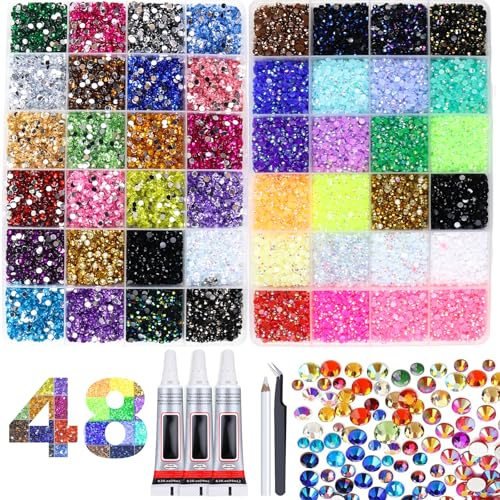 48000 Stück Strasssteine Glitzersteine Runde Glitzer Edelsteine Rhinestone | 48000 Stück/48 Farben Glitzersteine Mit Klebstoff zum Basteln 3mm für Nageldesign, Gesichts-Make-Up, Bastelarbeiten