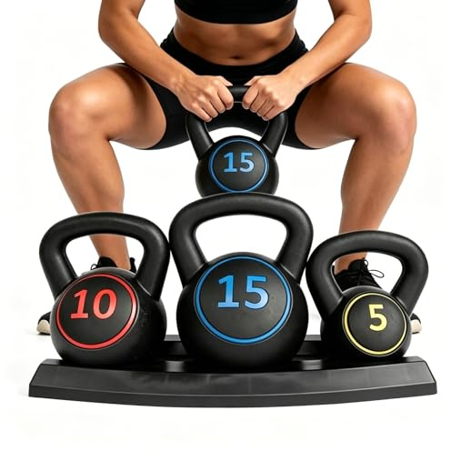 Kettlebell-Set 3-teilig 5 lb/10 lb/15 lb (2.27 kg/4.54 kg/6.8 kg), Neopren Kugelhantel mit flachem Boden & Aufbewahrungsständer, rutschfest & bodenschonend für Home Gym & Krafttraining, Schwarz