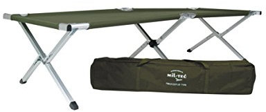 Mil-Tec US Feldbett mit Alu-Gestell (190x65x40cm) • Faltbares Feldbett inkl. Tragetasche • Outdoor Camping • Als Army Campingbett, Zeltbett, Campingliege, Gästebett, Notbett, Oliv