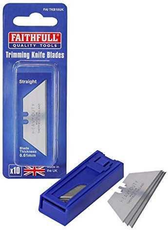 Faithfull Heavy-Duty Trimming Knife Blades with Plastic Dispenser, Made in the UK – Pack of 10