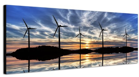 Windkraft Energie Windräder 150x50cm Breitbild als Panorama auf Leinwand und Keilrahmen fertig zum aufhängen - Unsere Breitbild als Panoramaer auf Leinwand bestechen durch ihre ungewöhnlichen Formate und dem extrem detaillierten Druck aus bis zu 100 Megapixel hoch aufgelösten Panoramafotos. Damit garantieren unsere Bilder einen fantastischen Bildeindruck, leuchtende Farben und gestochen scharfe Details. Qualität aus Deutschland