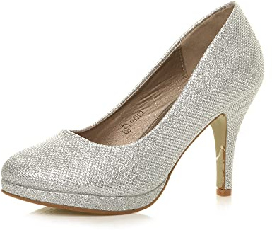 AJVANI Dam damer medelhög klack plattform fest arbete kväll fest bal bröllop brud domstol skor pumps storlek., Silver glitter nät, 37 EU
