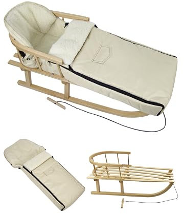 Kombi-Angebot Holz-Schlitten mit Rückenlehne & Zugseil + universaler Winterfußsack (108cm), auch geeignet für Babyschale, Kinderwagen, Buggy, aus Wolle Uni (beige)