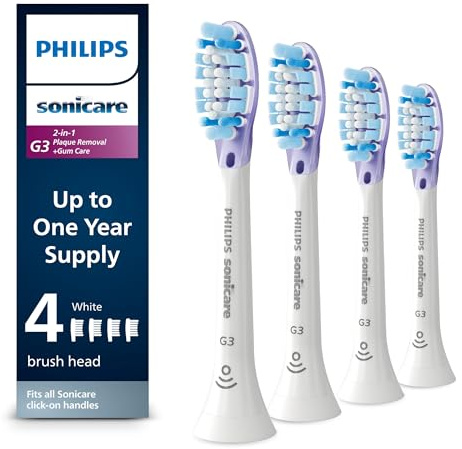 Philips Sonicare G3 Two-in-One - Genuine Replacement Electric Toothbrush Heads, White, 4 Pack One Year Supply, HX9054/65