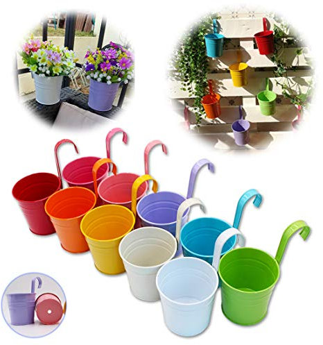 GIOVARA Blumentöpfe zum Aufhängen, Blumentopf Hängend aus Metall, Bunt Hänge Blumentopf für Balkon, Zaun, Garten, Wand, Robuster Hängetopf mit Abnehmbarem Haken & Ablaufloch, 10-Set