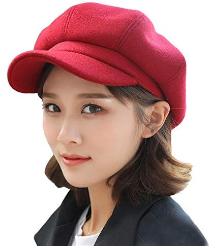 Yixda Damen Schirmmütze Barett Cap Winter Newsboy Baskenmütze Kappe (Weinrot)