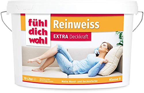 derendo FühlDichWohl Reinweiss Extra sehr hohe Deckkraft - 10l Wandfarbe weiß matt - Innenfarbe für gehobene Ansprüche, starke Deckkraft für Innenwände und Decken, tropfarm, premium