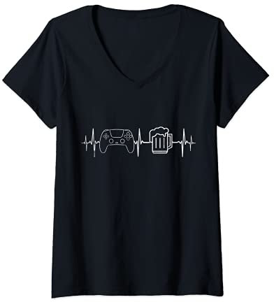 Damen Gamer Heartbeat Zocken und Bier Konsole Gaming Ps T-Shirt mit V-Ausschnitt