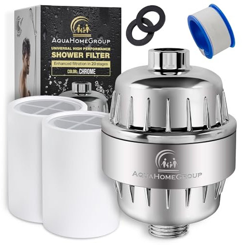 AquaHomeGroup 20 Stufen Duschkopf Wasserfilter Duschfilter Kalk mit Vitamin C - Wasserfilter Dusche zur Entfernung von Chlor und Fluorid - Inklusive 2 Aufsätze - Konstanter Wasserdurchfluss Kalkfilter