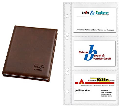 Veloflex 5158760 - Telefonringbuch Exquisit 4-Rund-Ring-Mechanik, 12tlg., braun, 1 Stück & 5352000 - Visitenkartenhüllen 110 x 210 mm, für 6 Karten pro Hülle, transparent, 10er Packung