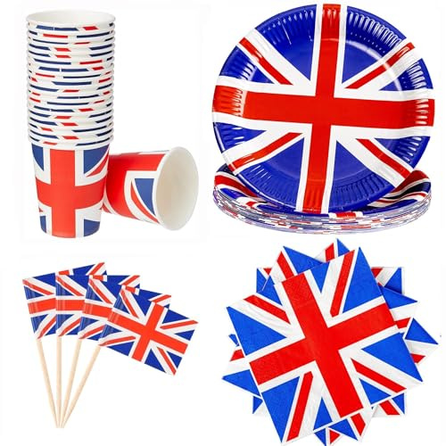 400Pcs Union Jack Party Tableware Set - 100 Each(Union Jack Plates, Cups, Napkins/Serviettes, Sandwich Flags Toothpicks) VE Day Celebration Party Set