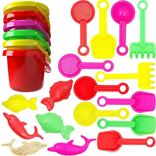 The Dreidel Company Mini Beach Day Playsets (Pack of 6) 3.25 Sand Bucket Play Set Box Includes, Pail, Shovel, Rake, Sifter Scoop, Dolphin Fish Sand Trays Toy for Boys and Girls Birthday Party Favor