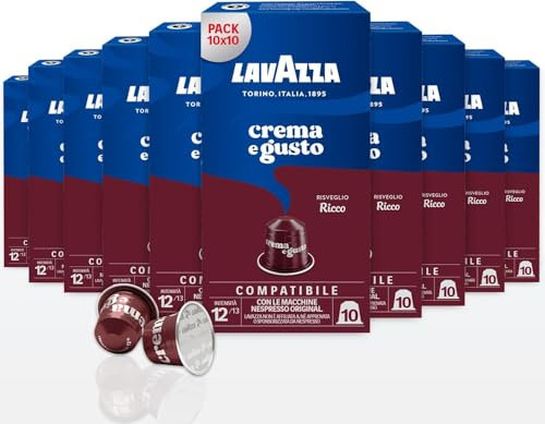 Lavazza, Crema e Gusto Ricco, 100 Capsule in Alluminio Compatibili con Macchine Nespresso Original, con Note di Cioccolato, Legno e Spezie, Arabica e Robusta, Intensità 11, Tostatura Scura