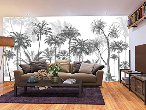 Papier Peint Panoramique 3D Jungle Soie, 250x170cm Personnalisé, Noir Blanc, Tropical Affiche Cocotier, Forêt Tropicale, Décoration pour Salon, Etude, Chambre D'enfant