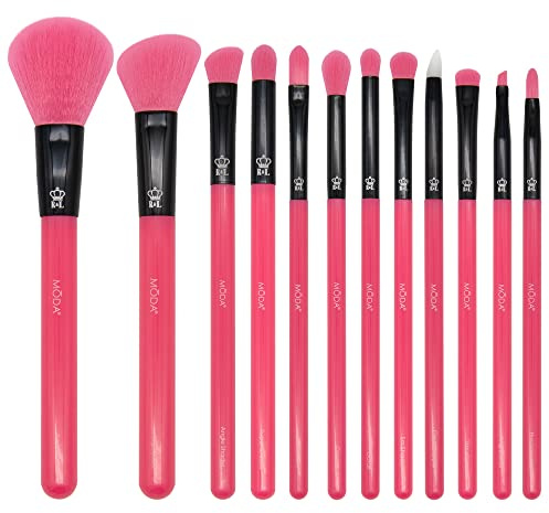 MODA Neon Pink Makeup Brush Set – 12pc Face & Eye Brush Kit with Soft Vegan Filaments – Blending, Contouring, Highlighting – Cruelty-Free, Bold Neon Design