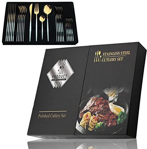 Couverts Ensembles Ensemble De Couverts En Acier Inoxydable Couteau Fourchette Cuillère Vaisselle De Table Vaisselle De Cuisine Cadeau Ensemble De 24 Pièces Vert Menthe Or Avec Boîte