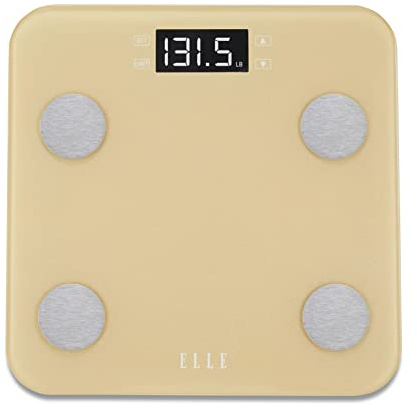 ELLE Digital Body Weight Scale with BMI Analyzer and 7 Fitness Indicators, Gold, LCD Display, 400 lbs Capacity, Tempered Glass Platform
