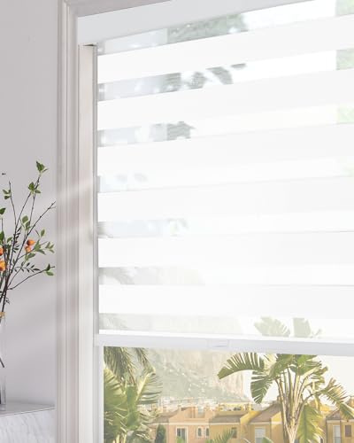 Persilux Blackout Cordless Zebra Blinds for Windows (34 W x 64 H, White) with Upgraded Cassette Room Darkening Dual Layers Sheer Shades Thermal Insulated Window Roller Blinds for Home