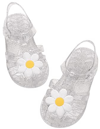 Zeiayuas Jelly Shoes for Toddler Girls Summer Beach Retro Jellies Sandals T-Strap Slingback Little Kids Glitter White Size 9 Soft Closed Toe Princess Dress Flats for 2-9 Years